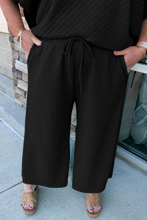 Textured Batwing Sleeve Tee Wide Leg Pants Plus Size Set